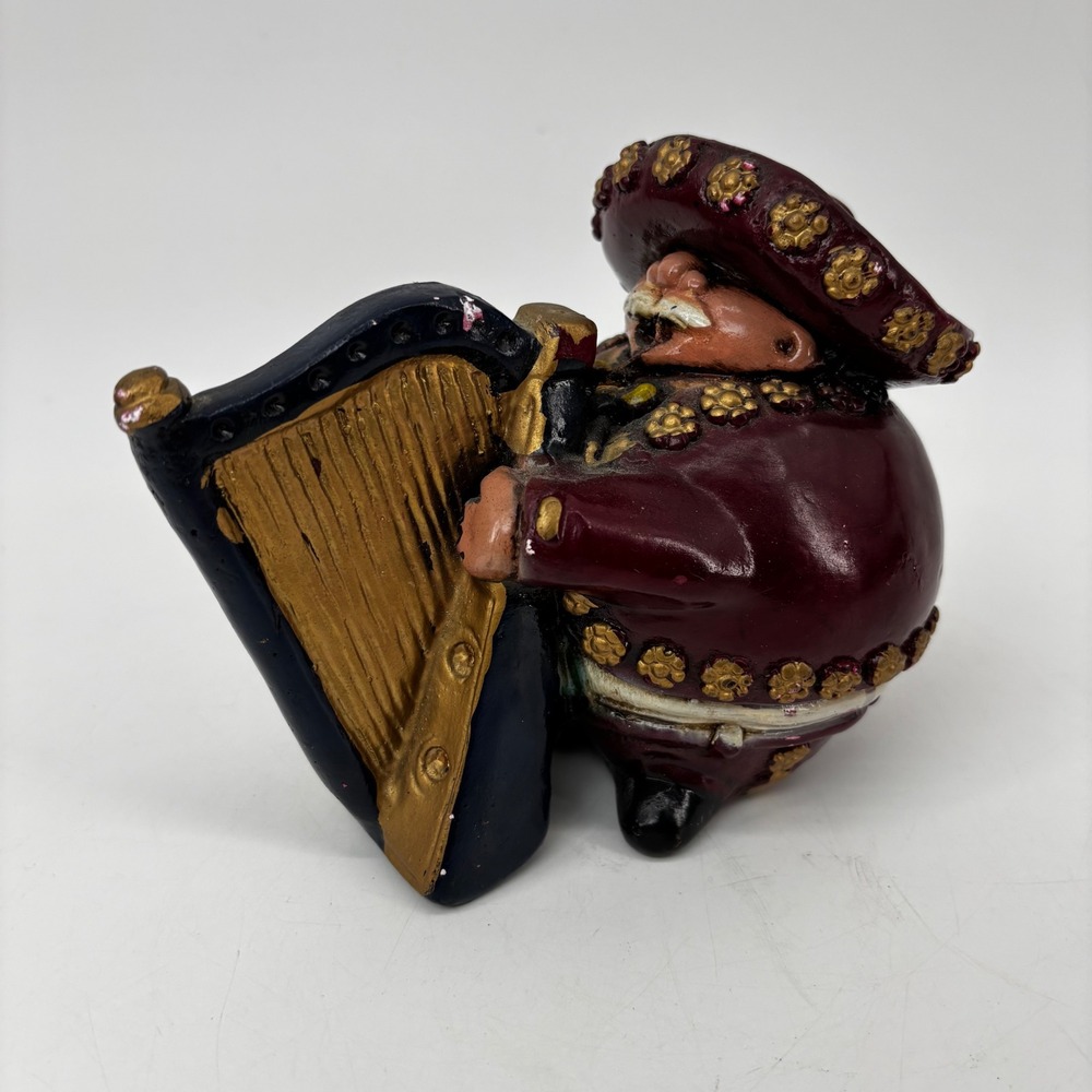 Vintage Mariachi Musician Figurine Harp Player Maroon Gold Mexican Folk Art 4.5"